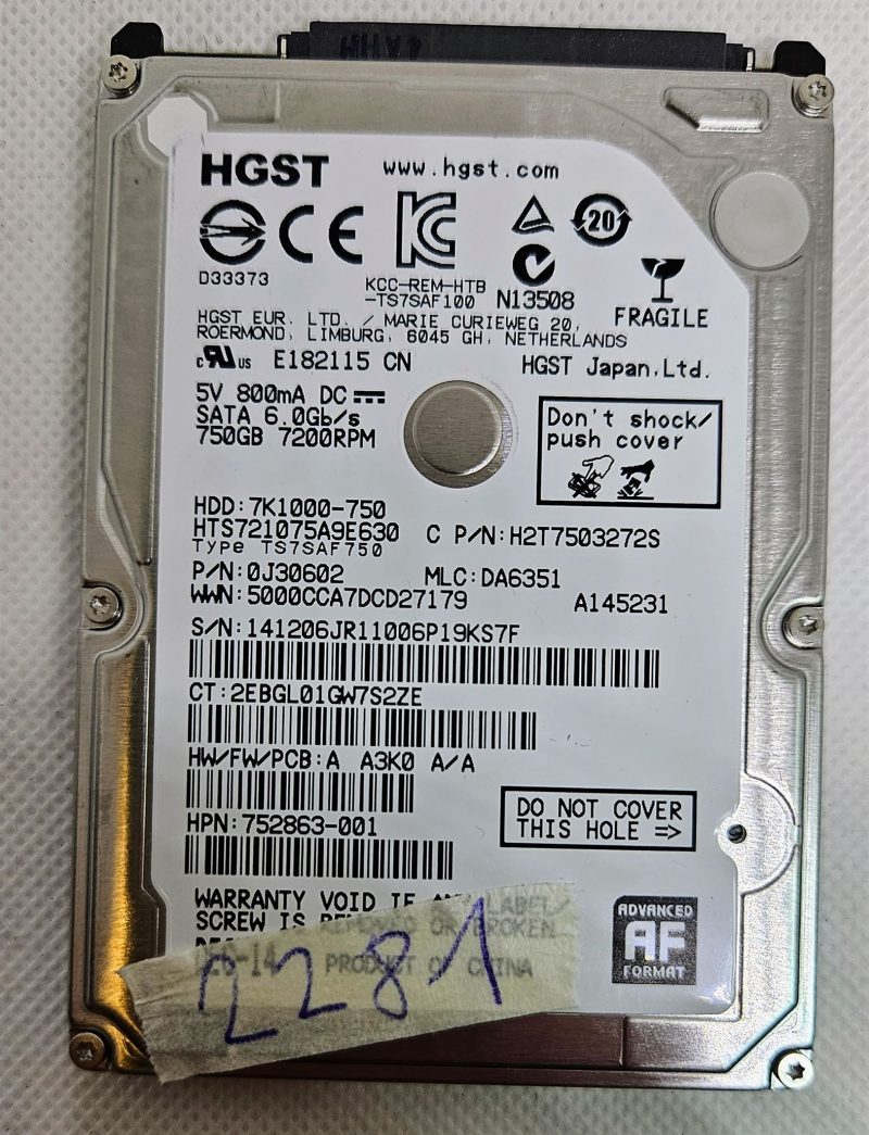 HGST 750GB 2.5 SATA HDD 7K1000-750 - 7200RPM - 6.0Gbs Laptop Hard Drive