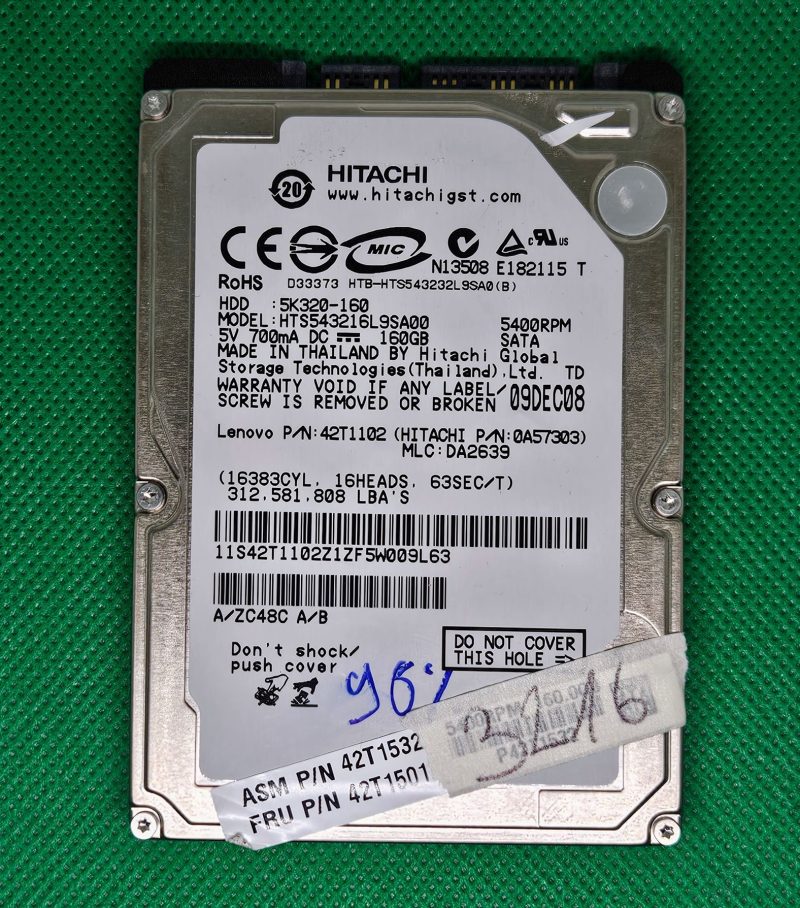 Hitachi HTS543216L9SA00 160GB 2.5 SATA Laptop Hard Drive - PN 0A57303 MLC DA2639