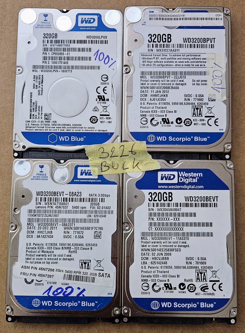 Bulk 4 x WD BLUE WD3200LPVX 320GB 2.5" Notebook Hard Drive - SATA 6Gbs, 5400 RPM, 8MB Cache - 100% Health