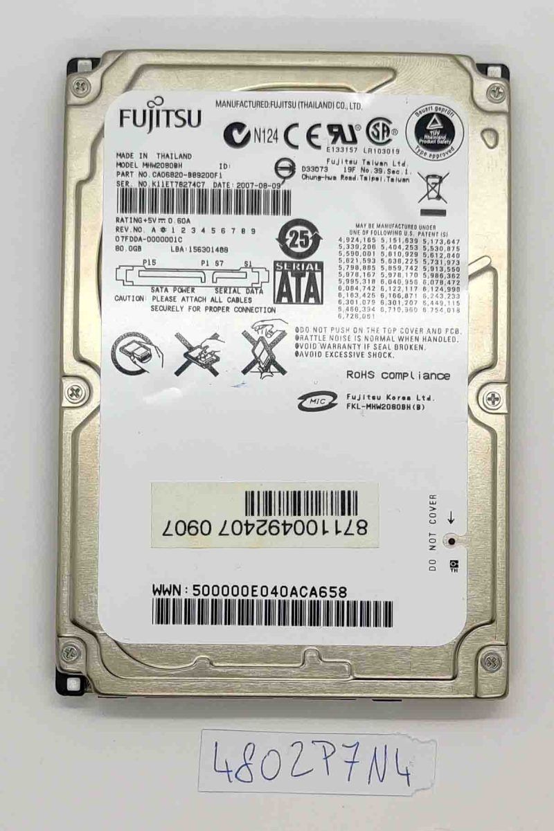 Fujitsu MHW2080BH 80GB 2.5 SATA HDD 5400RPM - 100% Health, Reliable Storage