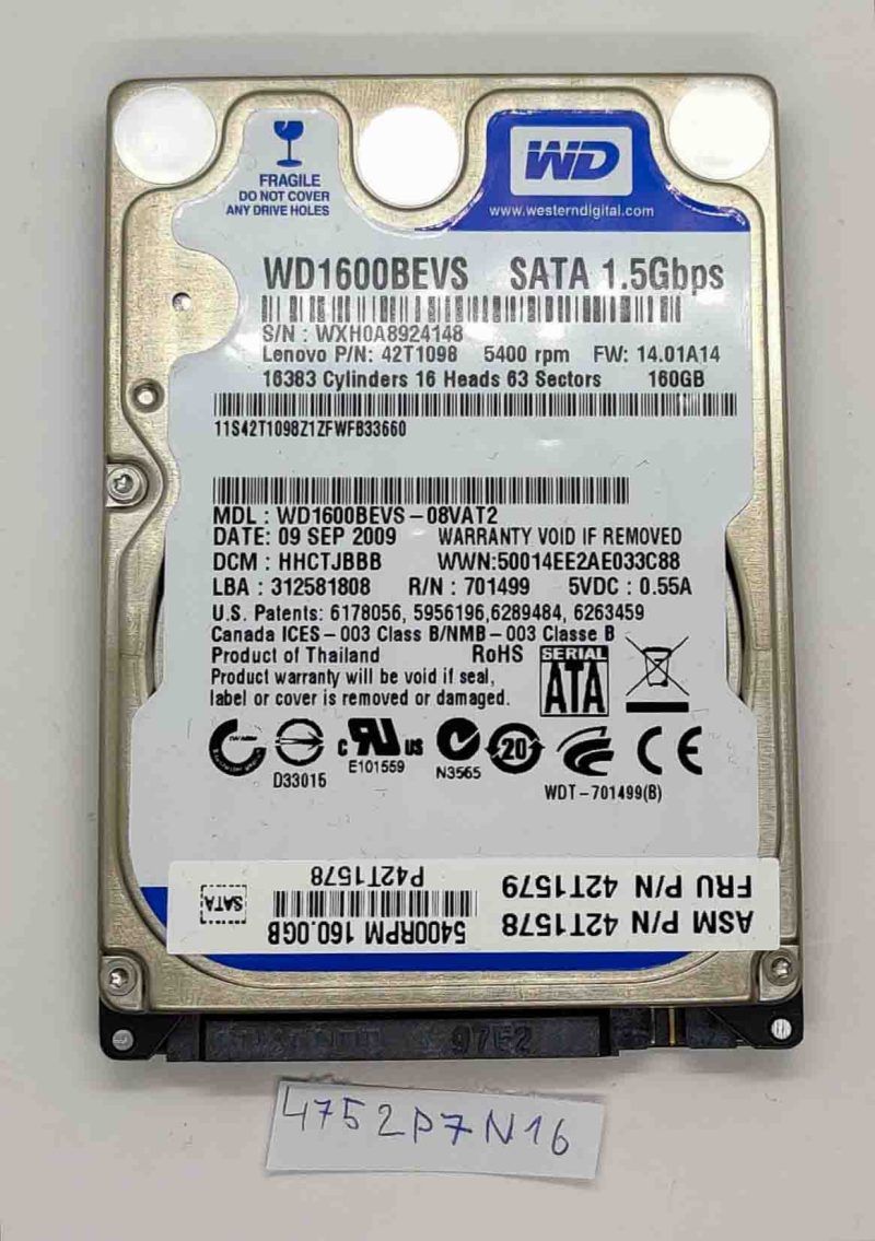 LENOVO ThinkPad T400 160GB SATA Hard Drive 42T1578 42T1579