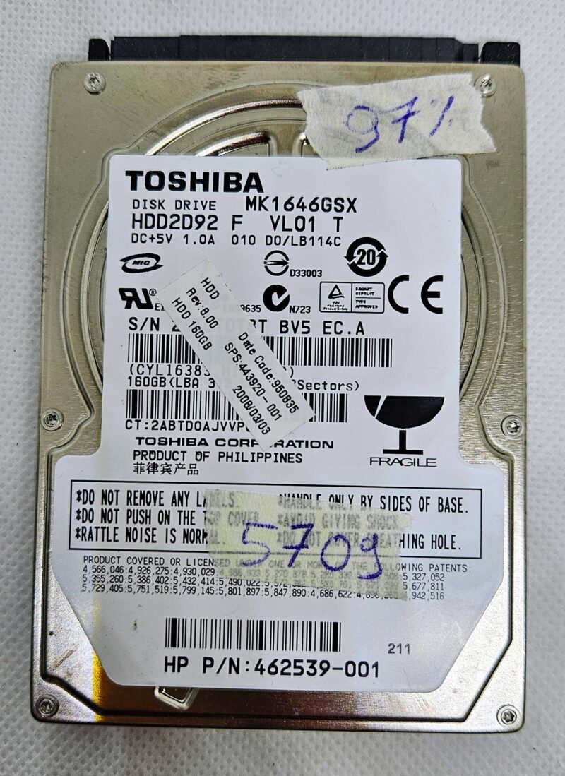 Toshiba MK1646GSX 160GB 2.5" SATA HDD – Genuine Laptop Hard Drive