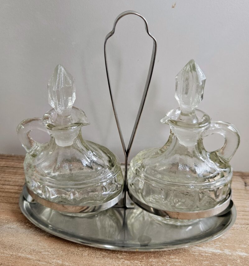 Vintage glass cruet bottles set with stoppers, 18cm
