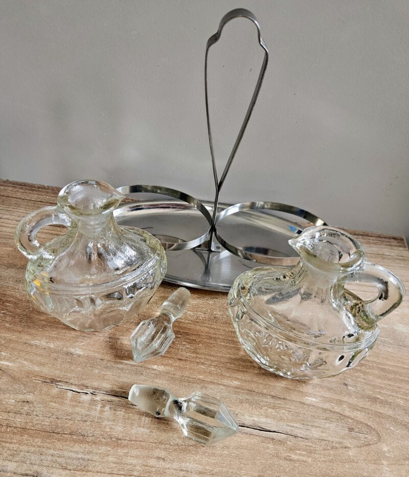 Vintage glass cruet bottles set with stoppers, 18cm - Image 2