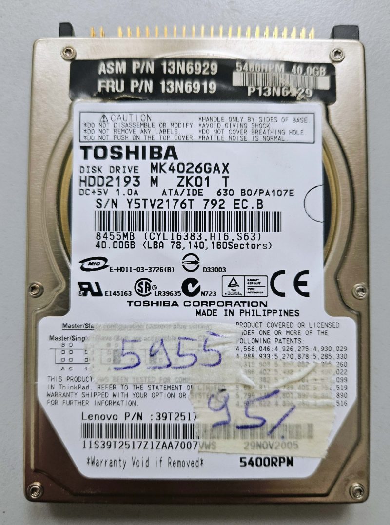 95% Health Toshiba 40GB 2.5" IDE HDD MK4026GAX Laptop Hard Drive 5400RPM 16MB Tested