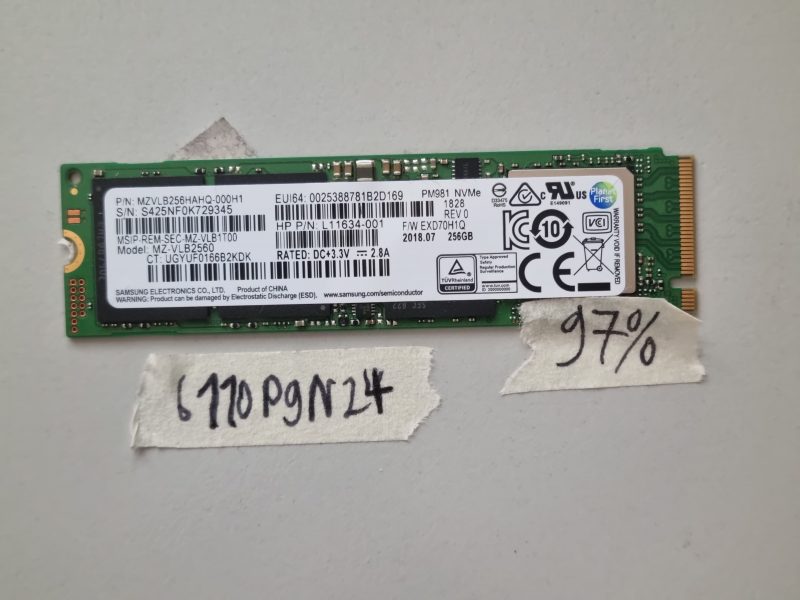 HP L11634-001 256GB M.2 NVMe SSD PCIe Gen 3 x4 Laptop Parts 2280 – 97% Health