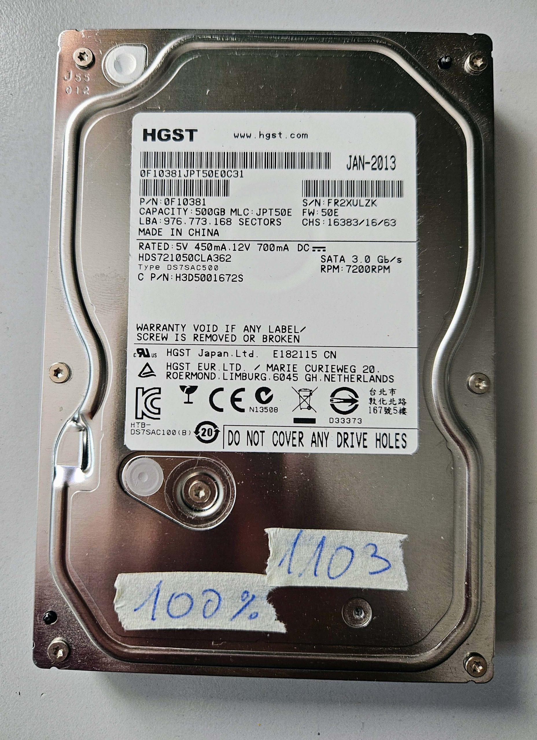 Hitachi HDS721050CLA362 500GB 7200RPM SATA II 3.5 HDD – 100% Health Tested