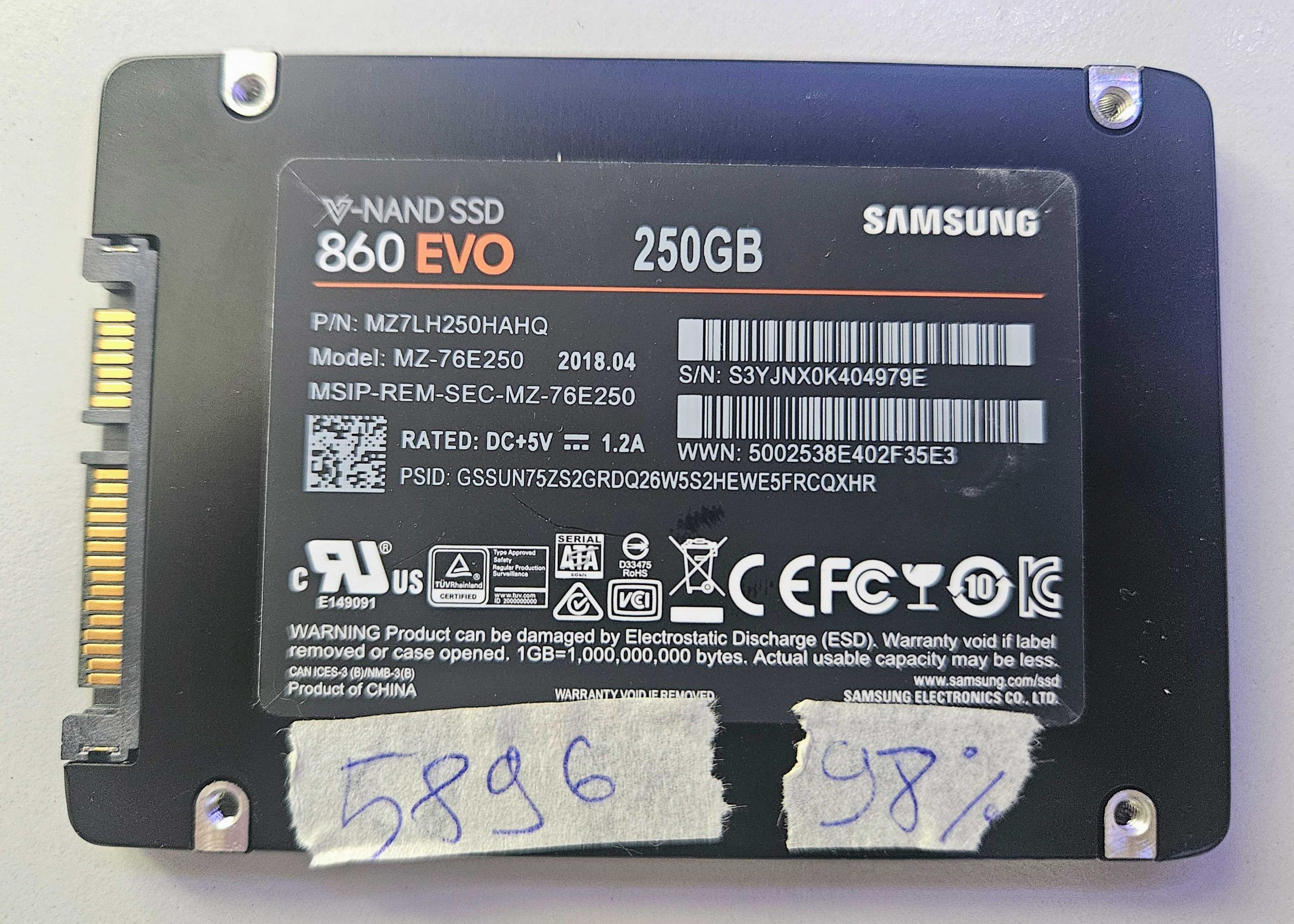 Samsung 860 EVO 256GB 2.5" SATA SSD Drive – Tested 98% Health – Laptop Parts